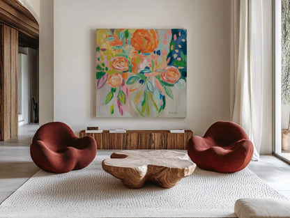 Summer Orange Floral by Farida Zaman. Shown as extra-large giant wall art in a modern living room. Available as an archival giclee rolled canvas, fine art paper, or poster print. SKU 33423a.