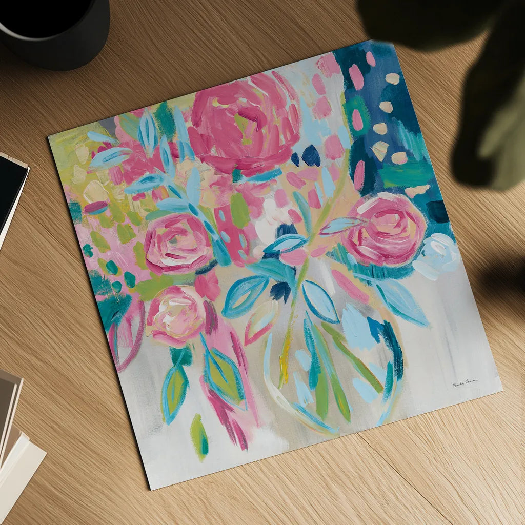 Summer Pink Floral by Farida Zaman. Shown as a detailed flat fine art print, highlighting archival giclee quality. Available as an archival giclee rolled canvas, fine art paper, or poster print. SKU 39068a.