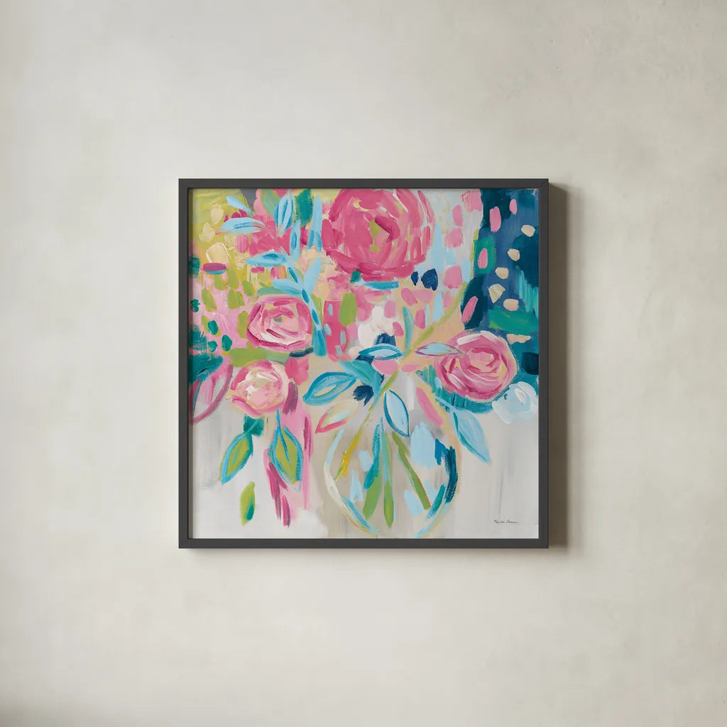 Summer Pink Floral by Farida Zaman. Shown in a sleek black glass frame for a contemporary gallery look. Available as an archival giclee rolled canvas, fine art paper, or poster print. SKU 39068a.