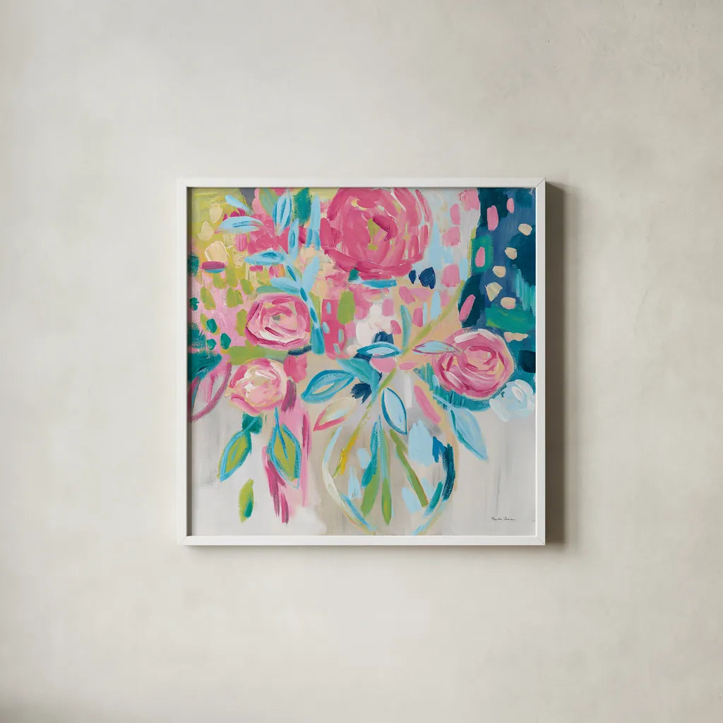 Summer Pink Floral by Farida Zaman. Shown in a crisp white glass frame for a clean and minimalist style. Available as an archival giclee rolled canvas, fine art paper, or poster print. SKU 39068a.