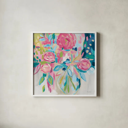 Summer Pink Floral by Farida Zaman. Shown in a crisp white glass frame for a clean and minimalist style. Available as an archival giclee rolled canvas, fine art paper, or poster print. SKU 39068a.