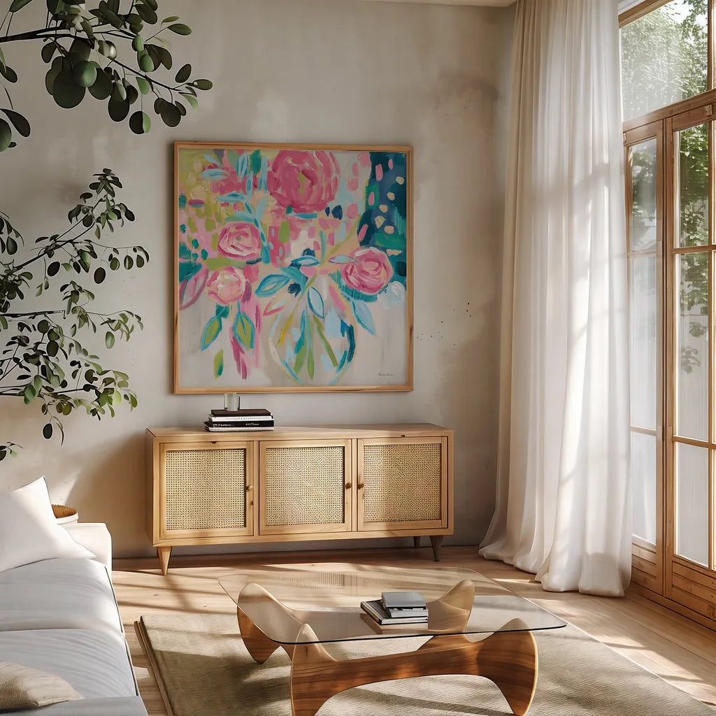 Summer Pink Floral by Farida Zaman. Shown in a natural wood frame in a cozy modern living room. Available as an archival giclee rolled canvas, fine art paper, or poster print. SKU 39068a.
