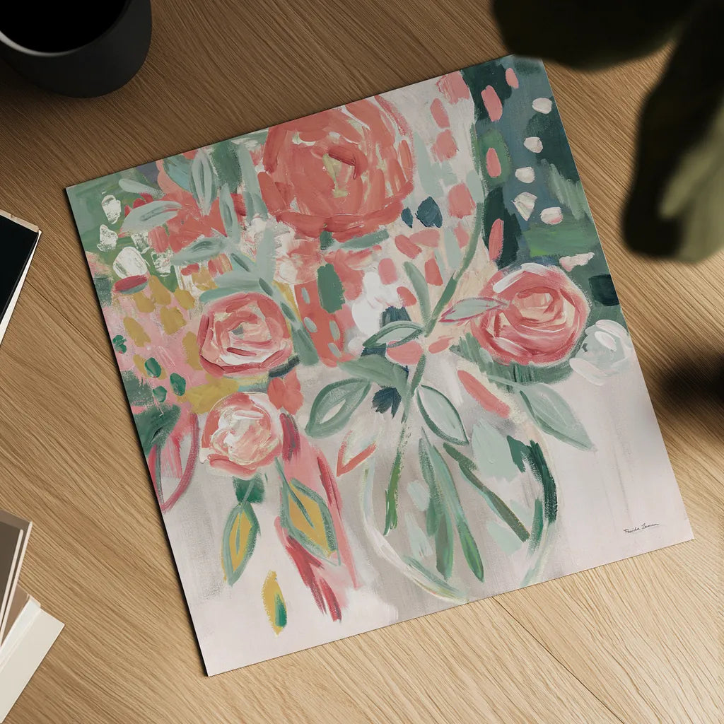 Summer Pink Floral Modern by Farida Zaman. Shown as a detailed flat fine art print, highlighting archival giclee quality. Available as an archival giclee rolled canvas, fine art paper, or poster print. SKU 52897a.