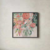 Summer Pink Floral Modern by Farida Zaman. Shown in a sleek black glass frame for a contemporary gallery look. Available as an archival giclee rolled canvas, fine art paper, or poster print. SKU 52897a.