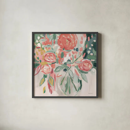 Summer Pink Floral Modern by Farida Zaman. Shown in a sleek black glass frame for a contemporary gallery look. Available as an archival giclee rolled canvas, fine art paper, or poster print. SKU 52897a.