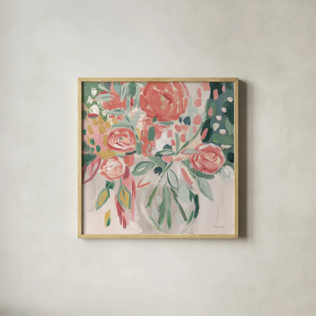 Summer Pink Floral Modern by Farida Zaman. Shown in a natural wood glass frame for a timeless modern aesthetic. Available as an archival giclee rolled canvas, fine art paper, or poster print. SKU 52897a.