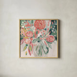 Summer Pink Floral Modern by Farida Zaman. Shown in a natural wood glass frame for a timeless modern aesthetic. Available as an archival giclee rolled canvas, fine art paper, or poster print. SKU 52897a.