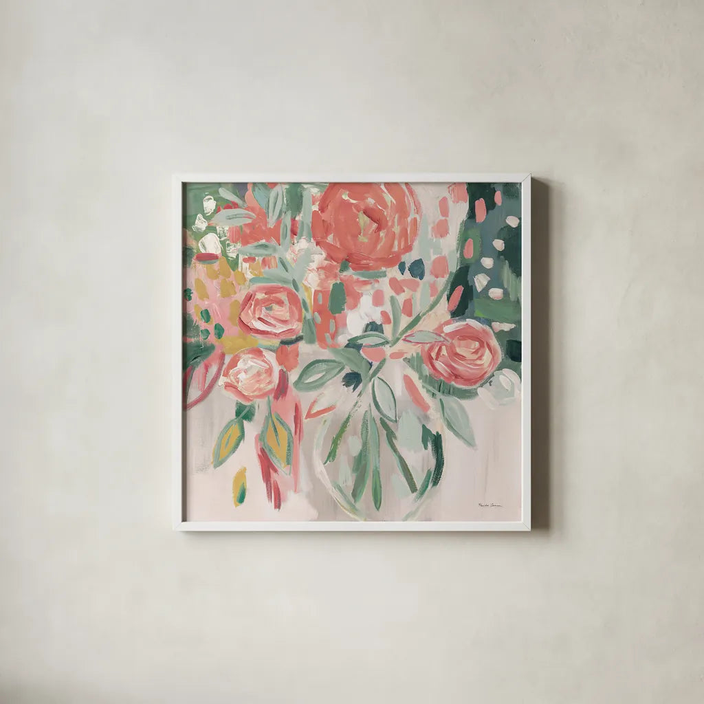 Summer Pink Floral Modern by Farida Zaman. Shown in a crisp white glass frame for a clean and minimalist style. Available as an archival giclee rolled canvas, fine art paper, or poster print. SKU 52897a.