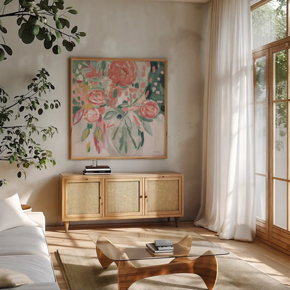 Summer Pink Floral Modern by Farida Zaman. Shown in a natural wood frame in a cozy modern living room. Available as an archival giclee rolled canvas, fine art paper, or poster print. SKU 52897a.