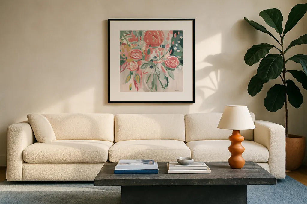 Summer Pink Floral Modern by Farida Zaman. Displayed in a glass frame with matte in a clean modern living room. Available as an archival giclee rolled canvas, fine art paper, or poster print. SKU 52897a.