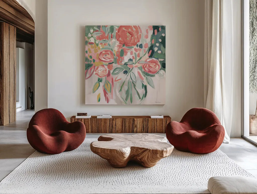 Summer Pink Floral Modern by Farida Zaman. Shown as extra-large giant wall art in a modern living room. Available as an archival giclee rolled canvas, fine art paper, or poster print. SKU 52897a.