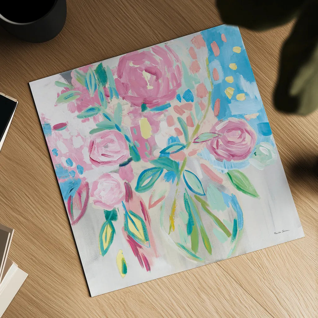 Summer Pink Floral Pastel by Farida Zaman. Shown as a detailed flat fine art print, highlighting archival giclee quality. Available as an archival giclee rolled canvas, fine art paper, or poster print. SKU 47392a.