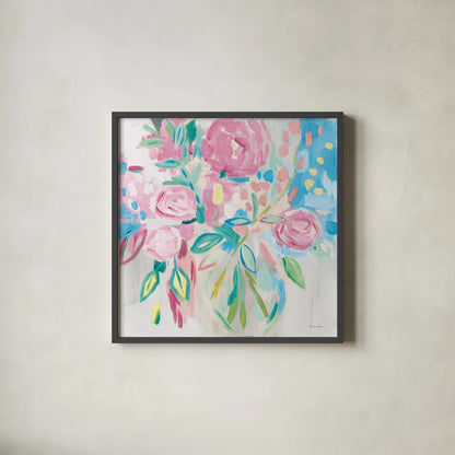 Summer Pink Floral Pastel by Farida Zaman. Shown in a sleek black glass frame for a contemporary gallery look. Available as an archival giclee rolled canvas, fine art paper, or poster print. SKU 47392a.