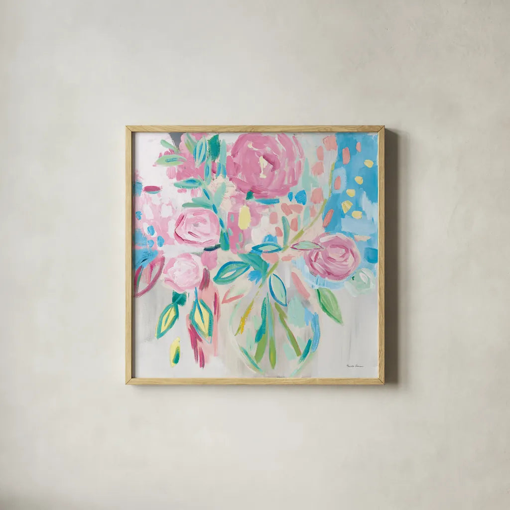 Summer Pink Floral Pastel by Farida Zaman. Shown in a natural wood glass frame for a timeless modern aesthetic. Available as an archival giclee rolled canvas, fine art paper, or poster print. SKU 47392a.