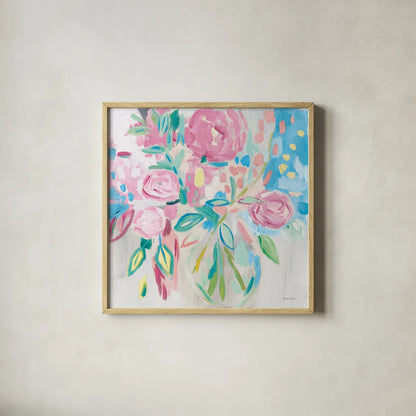 Summer Pink Floral Pastel by Farida Zaman. Shown in a natural wood glass frame for a timeless modern aesthetic. Available as an archival giclee rolled canvas, fine art paper, or poster print. SKU 47392a.