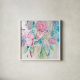 Summer Pink Floral Pastel by Farida Zaman. Shown in a crisp white glass frame for a clean and minimalist style. Available as an archival giclee rolled canvas, fine art paper, or poster print. SKU 47392a.