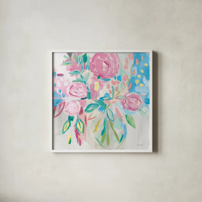 Summer Pink Floral Pastel by Farida Zaman. Shown in a crisp white glass frame for a clean and minimalist style. Available as an archival giclee rolled canvas, fine art paper, or poster print. SKU 47392a.