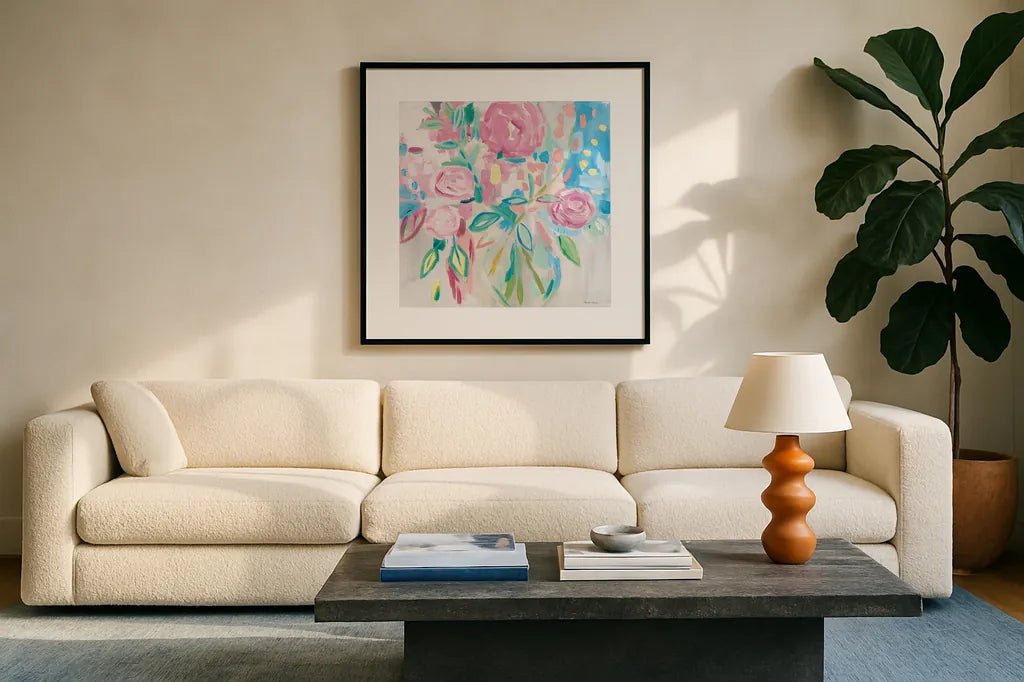Summer Pink Floral Pastel by Farida Zaman. Displayed in a glass frame with matte in a clean modern living room. Available as an archival giclee rolled canvas, fine art paper, or poster print. SKU 47392a.