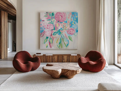 Summer Pink Floral Pastel by Farida Zaman. Shown as extra-large giant wall art in a modern living room. Available as an archival giclee rolled canvas, fine art paper, or poster print. SKU 47392a.