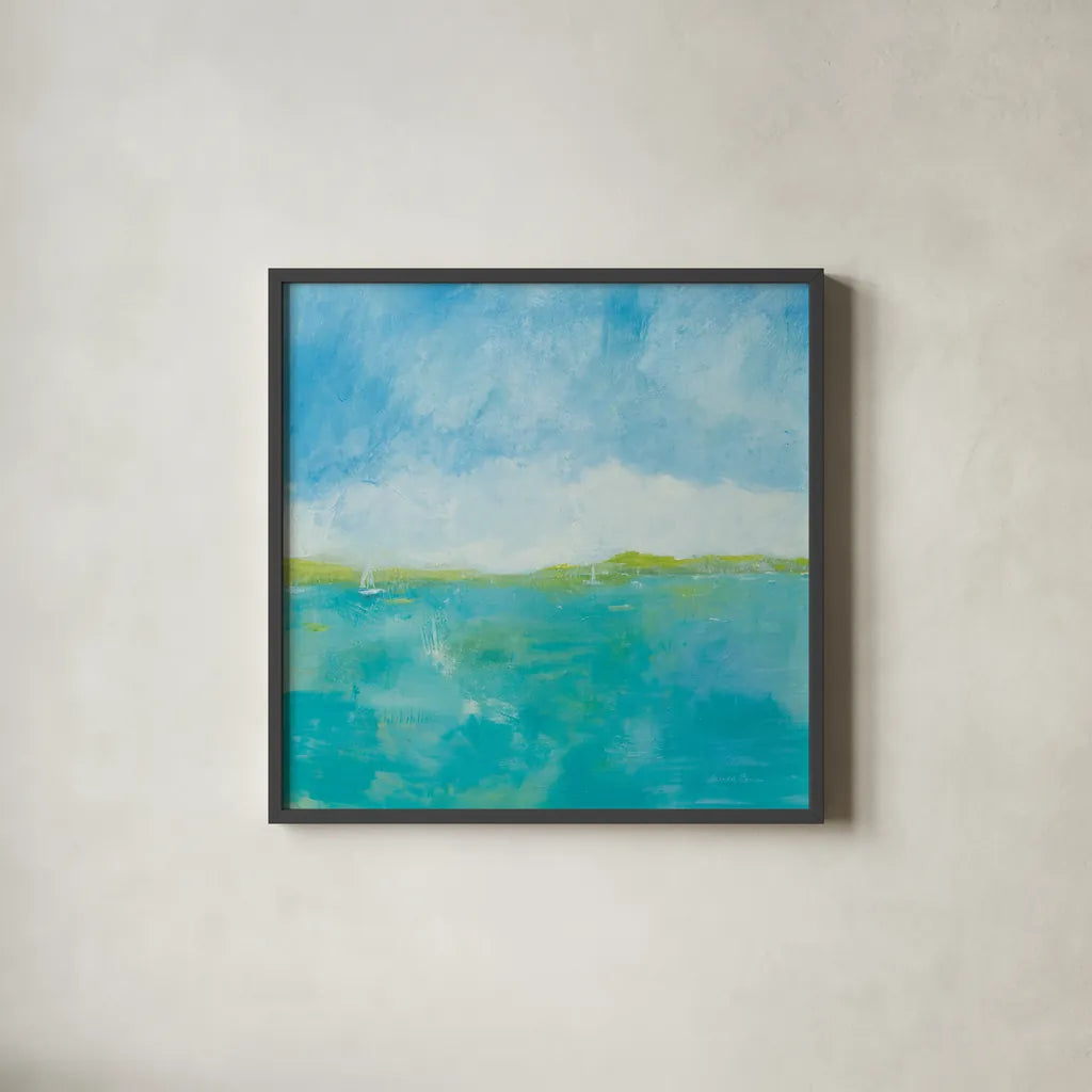 Sunny Day by Farida Zaman. Shown in a sleek black glass frame for a contemporary gallery look. Available as an archival giclee rolled canvas, fine art paper, or poster print. SKU 46819a.
