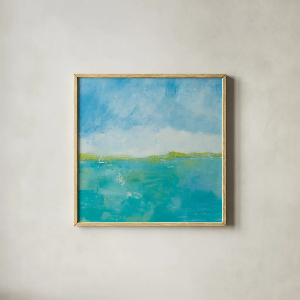 Sunny Day by Farida Zaman. Shown in a natural wood glass frame for a timeless modern aesthetic. Available as an archival giclee rolled canvas, fine art paper, or poster print. SKU 46819a.