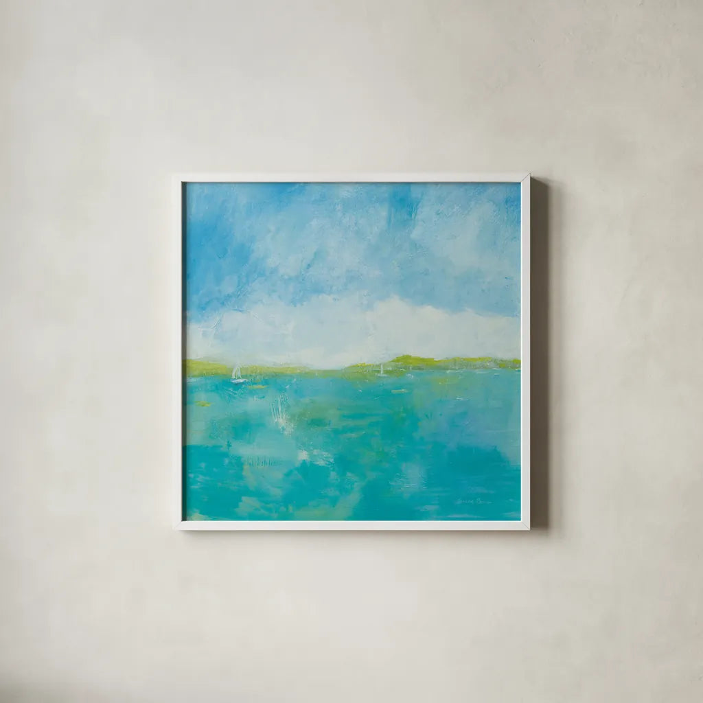 Sunny Day by Farida Zaman. Shown in a crisp white glass frame for a clean and minimalist style. Available as an archival giclee rolled canvas, fine art paper, or poster print. SKU 46819a.