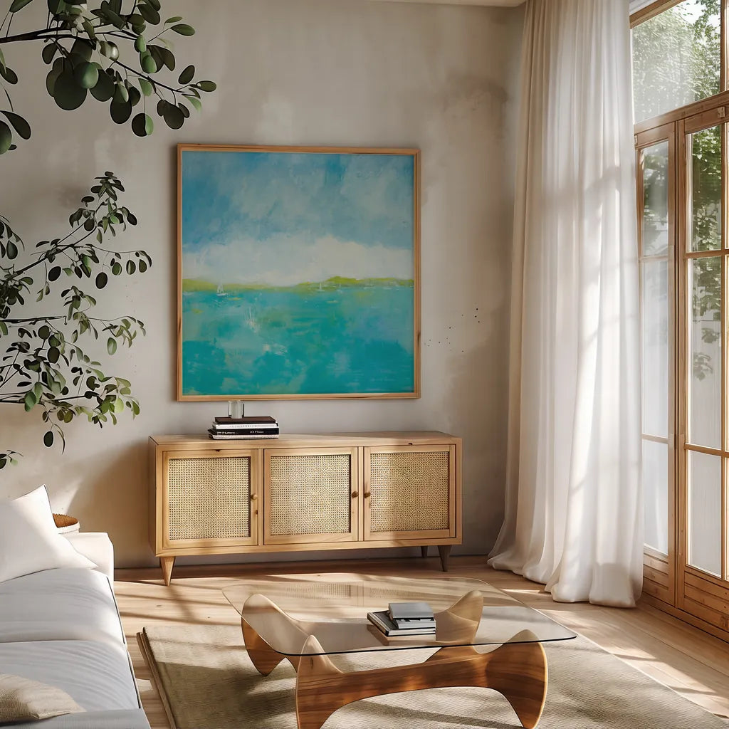 Sunny Day by Farida Zaman. Shown in a natural wood frame in a cozy modern living room. Available as an archival giclee rolled canvas, fine art paper, or poster print. SKU 46819a.