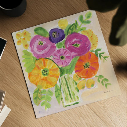 Sunny Day Bouquet by Farida Zaman. Shown as a detailed flat fine art print, highlighting archival giclee quality. Available as an archival giclee rolled canvas, fine art paper, or poster print. SKU 96321a.