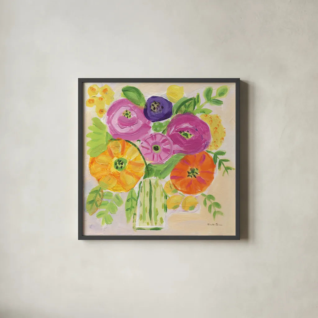 Sunny Day Bouquet by Farida Zaman. Shown in a sleek black glass frame for a contemporary gallery look. Available as an archival giclee rolled canvas, fine art paper, or poster print. SKU 96321a.