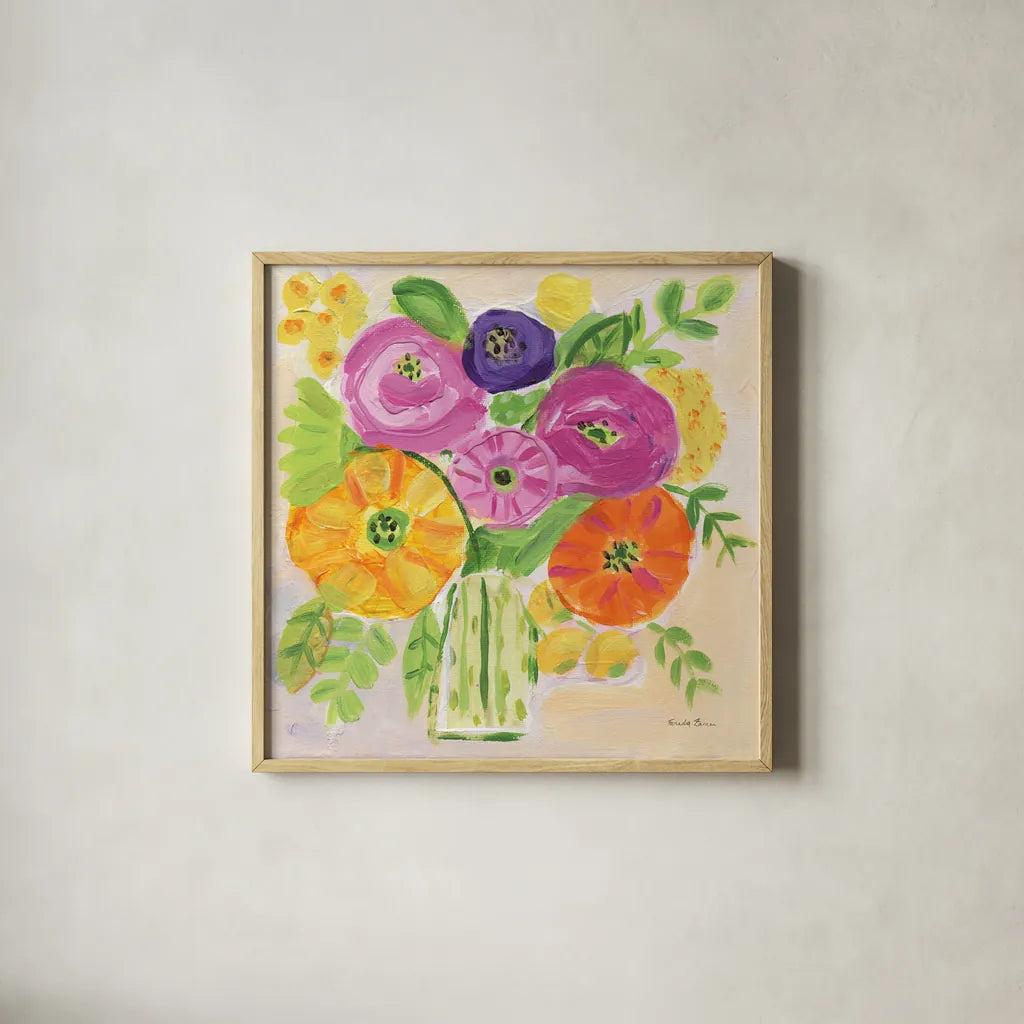 Sunny Day Bouquet by Farida Zaman. Shown in a natural wood glass frame for a timeless modern aesthetic. Available as an archival giclee rolled canvas, fine art paper, or poster print. SKU 96321a.
