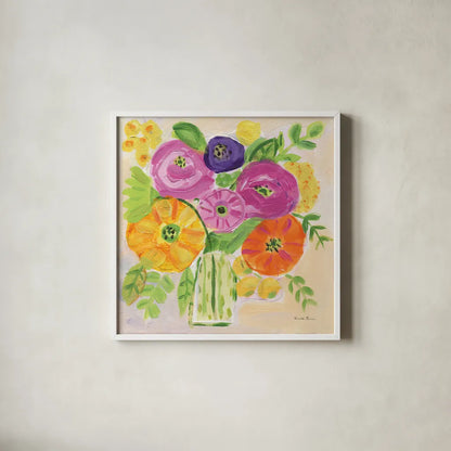 Sunny Day Bouquet by Farida Zaman. Shown in a crisp white glass frame for a clean and minimalist style. Available as an archival giclee rolled canvas, fine art paper, or poster print. SKU 96321a.