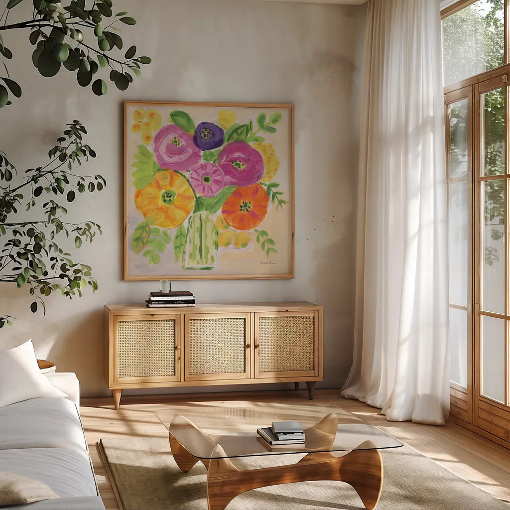 Sunny Day Bouquet by Farida Zaman. Shown in a natural wood frame in a cozy modern living room. Available as an archival giclee rolled canvas, fine art paper, or poster print. SKU 96321a.