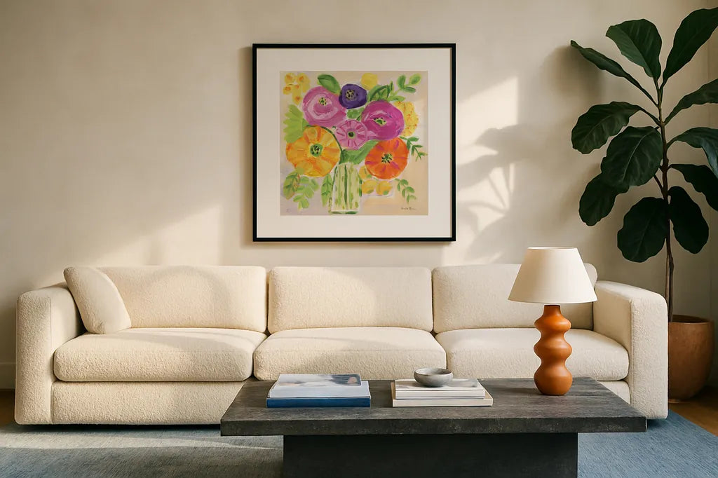 Sunny Day Bouquet by Farida Zaman. Displayed in a glass frame with matte in a clean modern living room. Available as an archival giclee rolled canvas, fine art paper, or poster print. SKU 96321a.