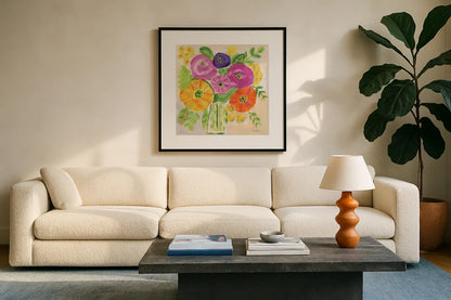Sunny Day Bouquet by Farida Zaman. Displayed in a glass frame with matte in a clean modern living room. Available as an archival giclee rolled canvas, fine art paper, or poster print. SKU 96321a.