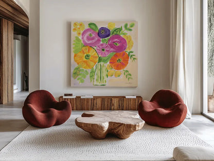 Sunny Day Bouquet by Farida Zaman. Shown as extra-large giant wall art in a modern living room. Available as an archival giclee rolled canvas, fine art paper, or poster print. SKU 96321a.