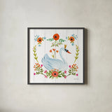 Swan Love I by Farida Zaman. Shown in a sleek black glass frame for a contemporary gallery look. Available as an archival giclee rolled canvas, fine art paper, or poster print. SKU 38747a.
