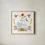 Swan Love I by Farida Zaman. Shown in a natural wood glass frame for a timeless modern aesthetic. Available as an archival giclee rolled canvas, fine art paper, or poster print. SKU 38747a.