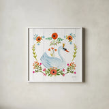 Swan Love I by Farida Zaman. Shown in a crisp white glass frame for a clean and minimalist style. Available as an archival giclee rolled canvas, fine art paper, or poster print. SKU 38747a.
