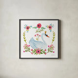 Swan Love I v2 by Farida Zaman. Shown in a sleek black glass frame for a contemporary gallery look. Available as an archival giclee rolled canvas, fine art paper, or poster print. SKU 45898a.