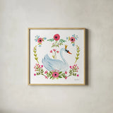 Swan Love I v2 by Farida Zaman. Shown in a natural wood glass frame for a timeless modern aesthetic. Available as an archival giclee rolled canvas, fine art paper, or poster print. SKU 45898a.
