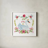 Swan Love I v2 by Farida Zaman. Shown in a crisp white glass frame for a clean and minimalist style. Available as an archival giclee rolled canvas, fine art paper, or poster print. SKU 45898a.