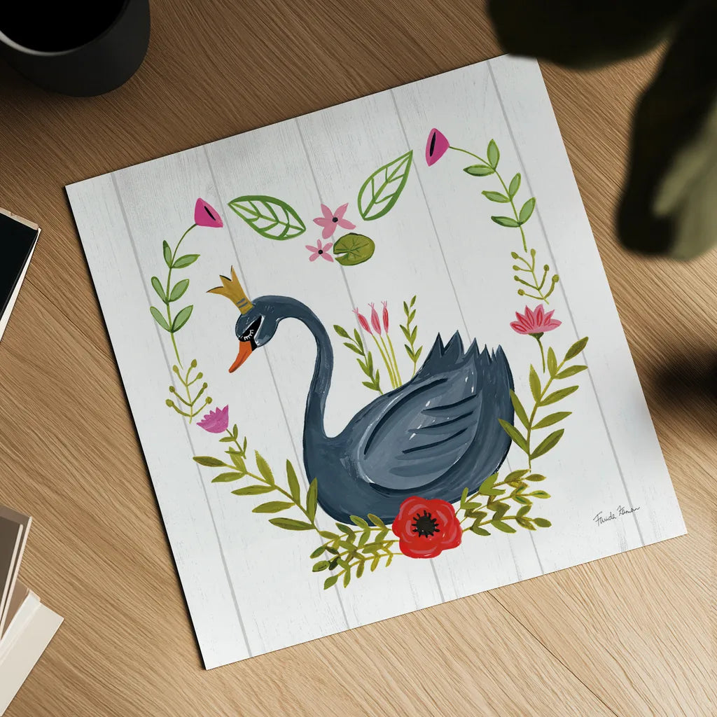 Swan Love II by Farida Zaman. Shown as a detailed flat fine art print, highlighting archival giclee quality. Available as an archival giclee rolled canvas, fine art paper, or poster print. SKU 38748a.