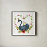 Swan Love II by Farida Zaman. Shown in a sleek black glass frame for a contemporary gallery look. Available as an archival giclee rolled canvas, fine art paper, or poster print. SKU 38748a.