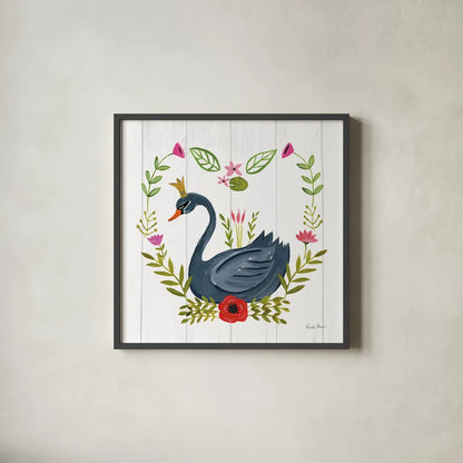 Swan Love II by Farida Zaman. Shown in a sleek black glass frame for a contemporary gallery look. Available as an archival giclee rolled canvas, fine art paper, or poster print. SKU 38748a.
