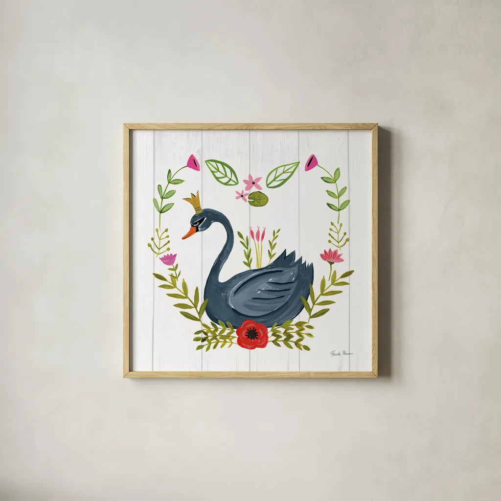 Swan Love II by Farida Zaman. Shown in a natural wood glass frame for a timeless modern aesthetic. Available as an archival giclee rolled canvas, fine art paper, or poster print. SKU 38748a.