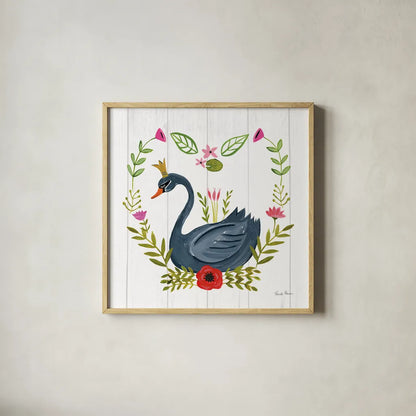 Swan Love II by Farida Zaman. Shown in a natural wood glass frame for a timeless modern aesthetic. Available as an archival giclee rolled canvas, fine art paper, or poster print. SKU 38748a.