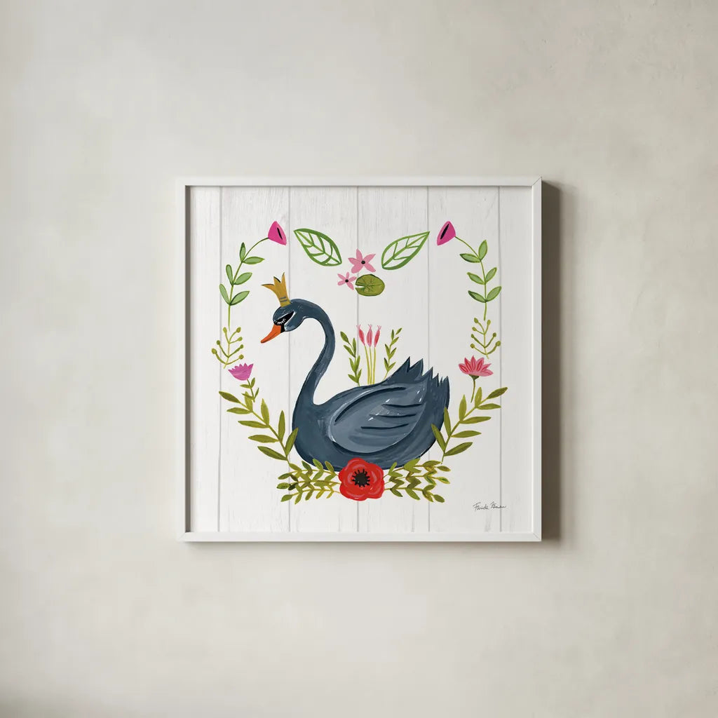 Swan Love II by Farida Zaman. Shown in a crisp white glass frame for a clean and minimalist style. Available as an archival giclee rolled canvas, fine art paper, or poster print. SKU 38748a.