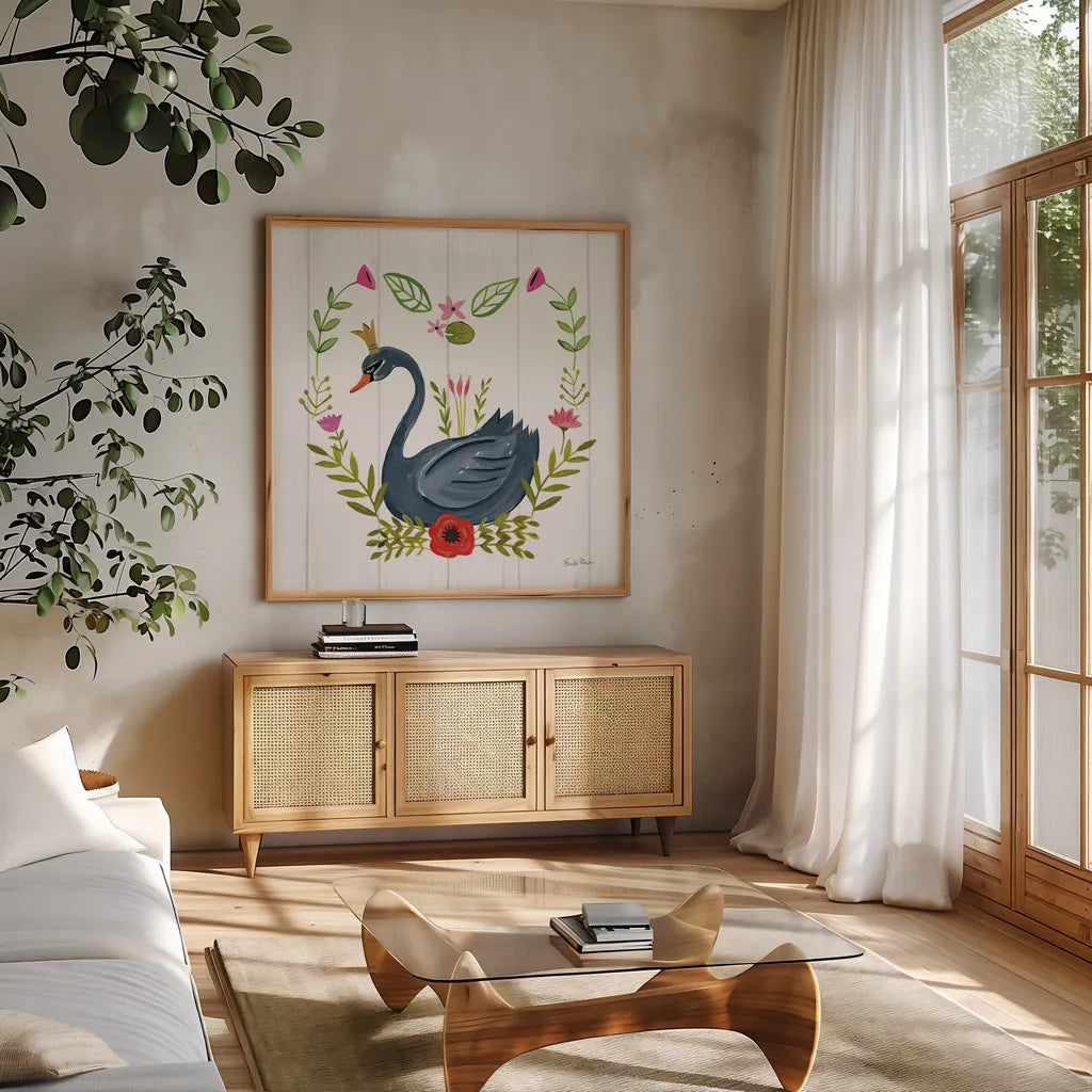 Swan Love II by Farida Zaman. Shown in a natural wood frame in a cozy modern living room. Available as an archival giclee rolled canvas, fine art paper, or poster print. SKU 38748a.