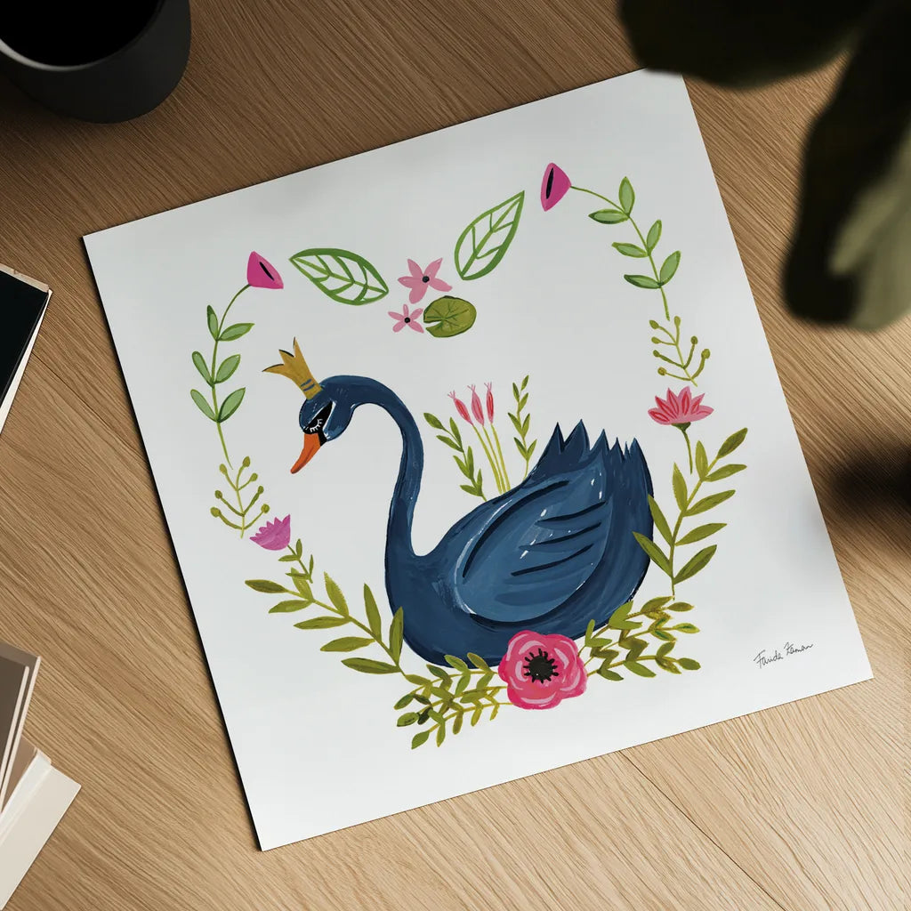 Swan Love II v2 by Farida Zaman. Shown as a detailed flat fine art print, highlighting archival giclee quality. Available as an archival giclee rolled canvas, fine art paper, or poster print. SKU 45899a.