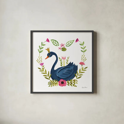 Swan Love II v2 by Farida Zaman. Shown in a sleek black glass frame for a contemporary gallery look. Available as an archival giclee rolled canvas, fine art paper, or poster print. SKU 45899a.